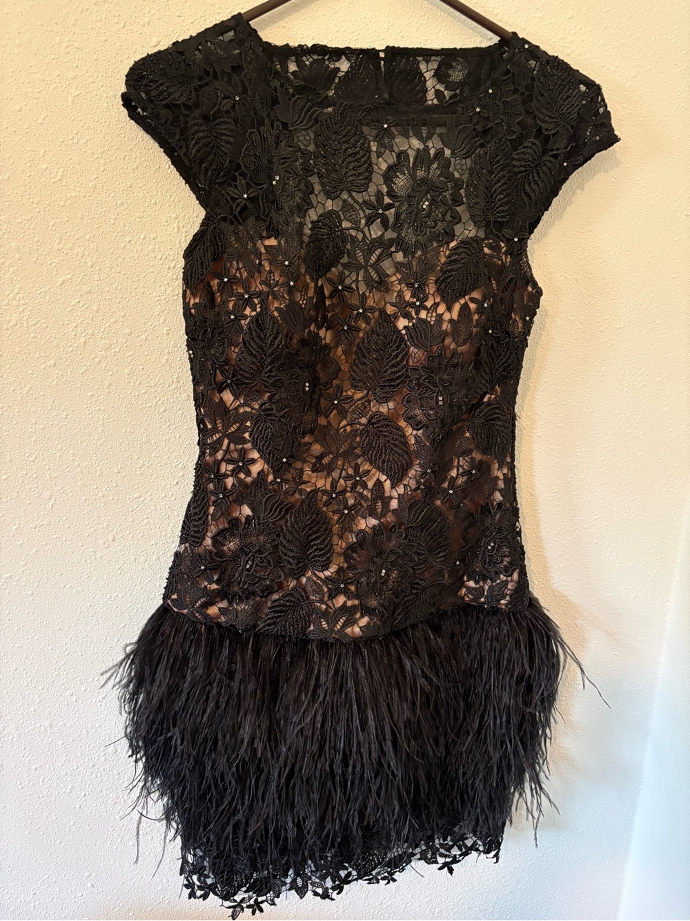Jovani Black Lace Feather Skirt Open Back Formal Dress